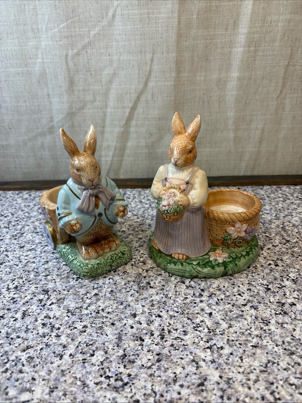 VTG AVON Springtime Collection S/2Mr. and Mrs. Bunny figurine votive/egg holders